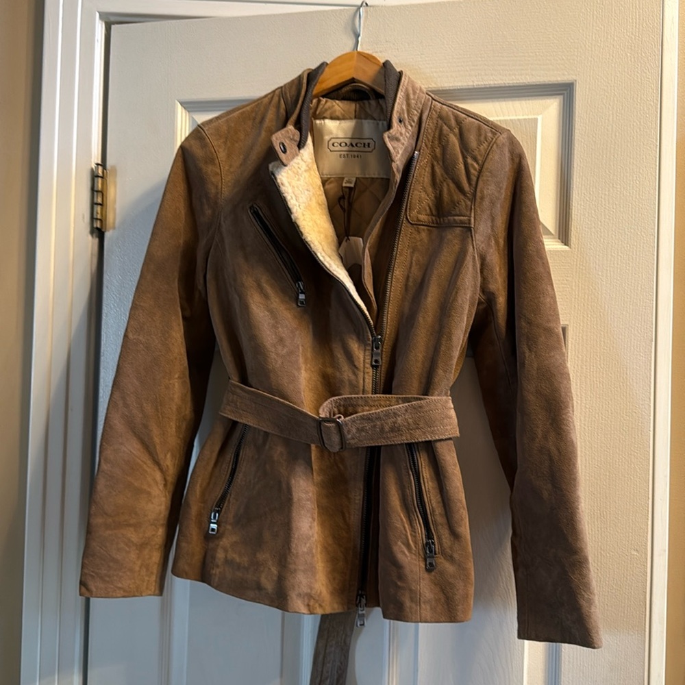 NWT COACH Suede Women Fall / Winter Belted Moto Jacket 83822 Shearling sz Small